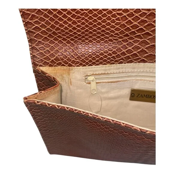 Vintage Zambos & Siega Faux Snakeskin Brown Clutch Bag Metal Handle 13x8x1.5 - Picture 8 of 9